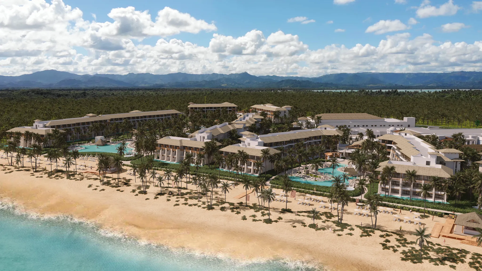 Beachfront rendering of Dreams Playa Esmeralda Resort & Spa with oceanfront pools, palm trees, and luxury accommodations.