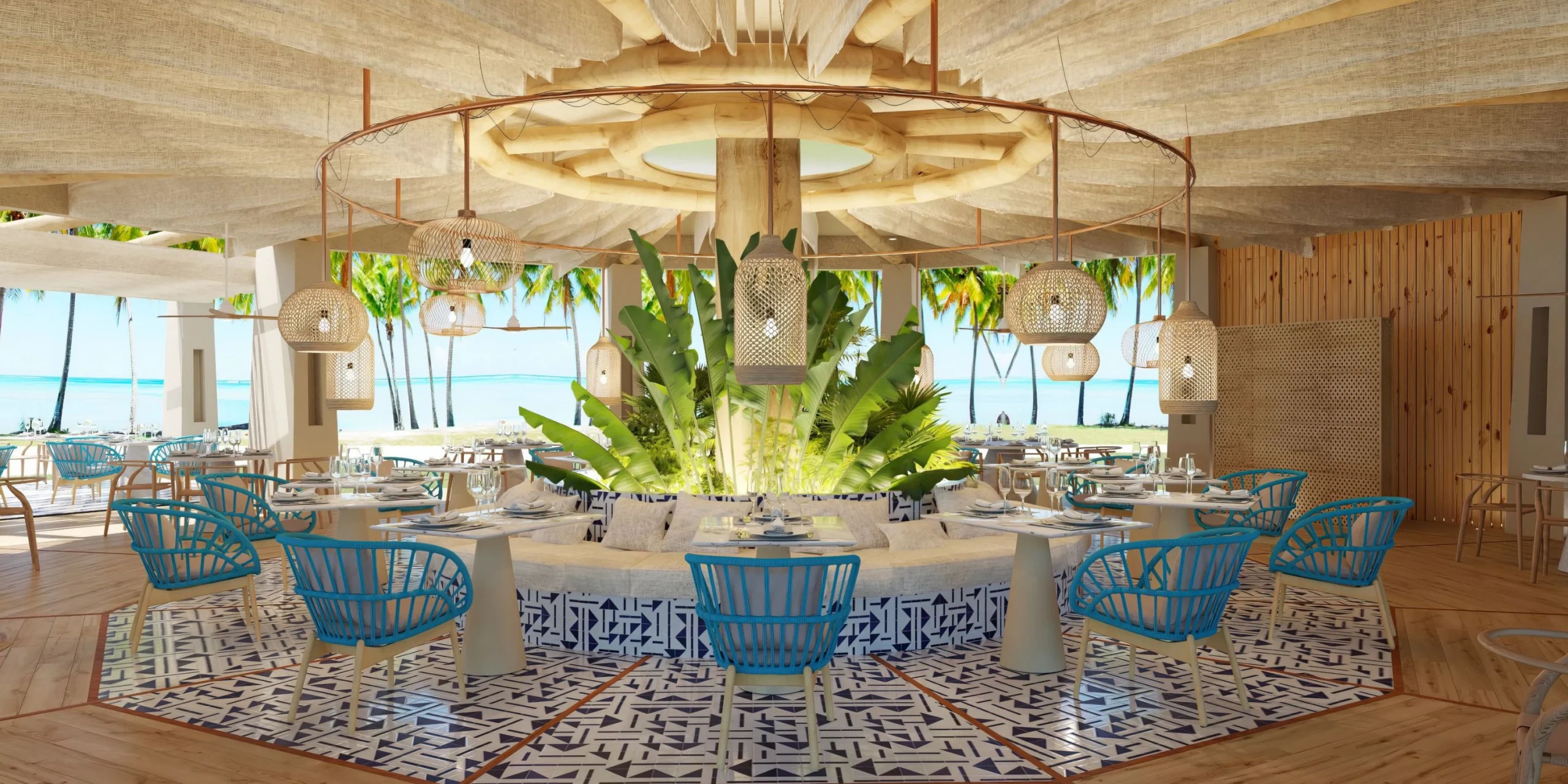 Bluewater Restaurant reception setup for weddings at Dreams Playa Esmeralda Resort & Spa