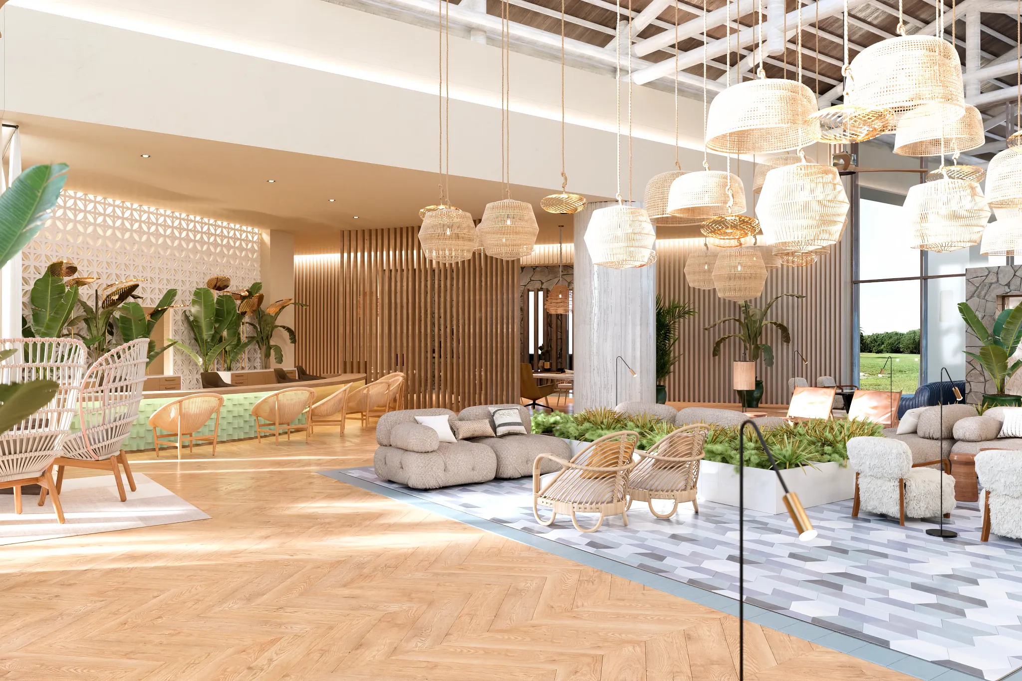 Contemporary resort lobby with elegant seating and tropical décor at Dreams Playa Esmeralda Resort & Spa.