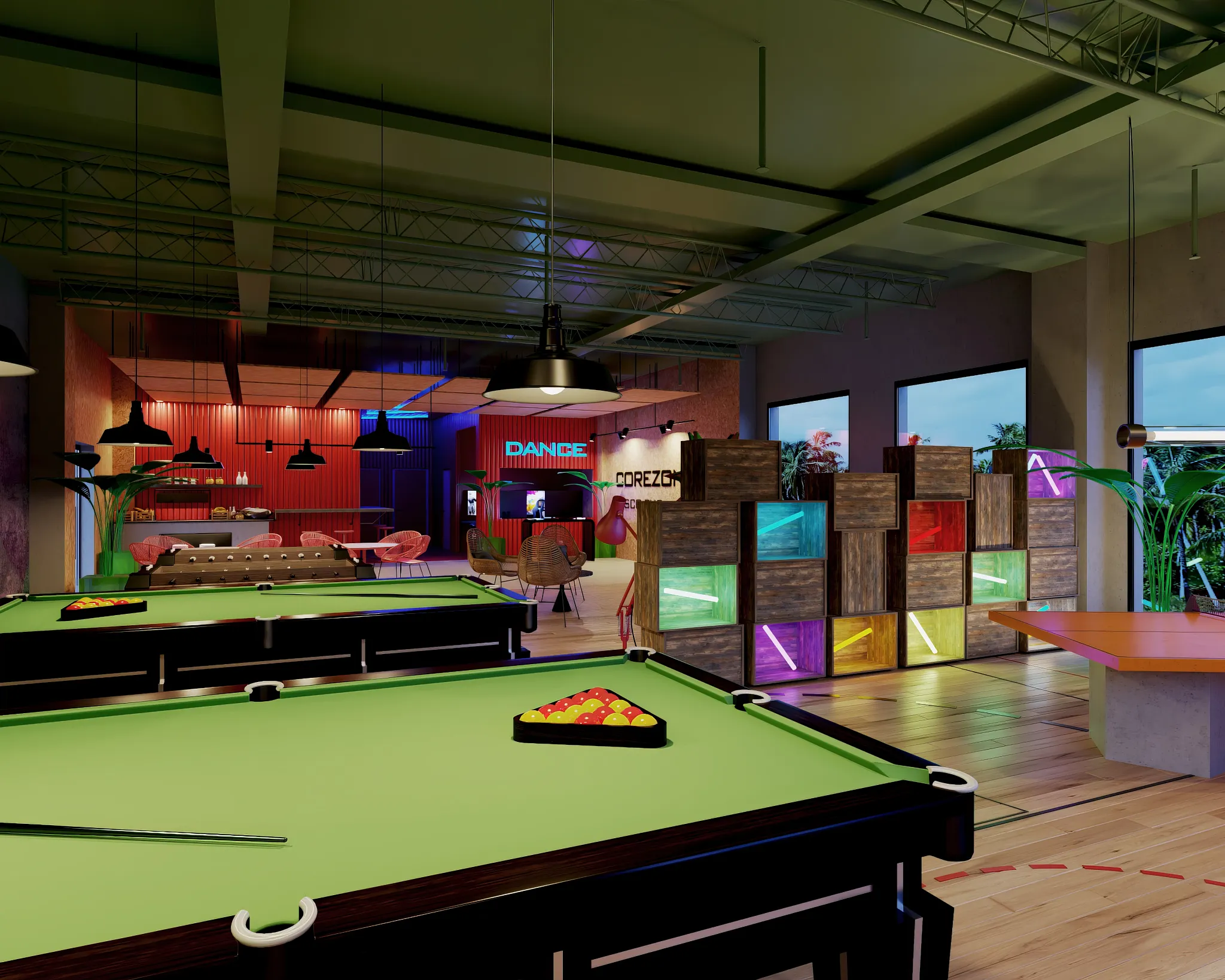 Pool tables and colorful entertainment lounge inside the Core Zone teen club at Dreams Playa Esmeralda Resort & Spa.