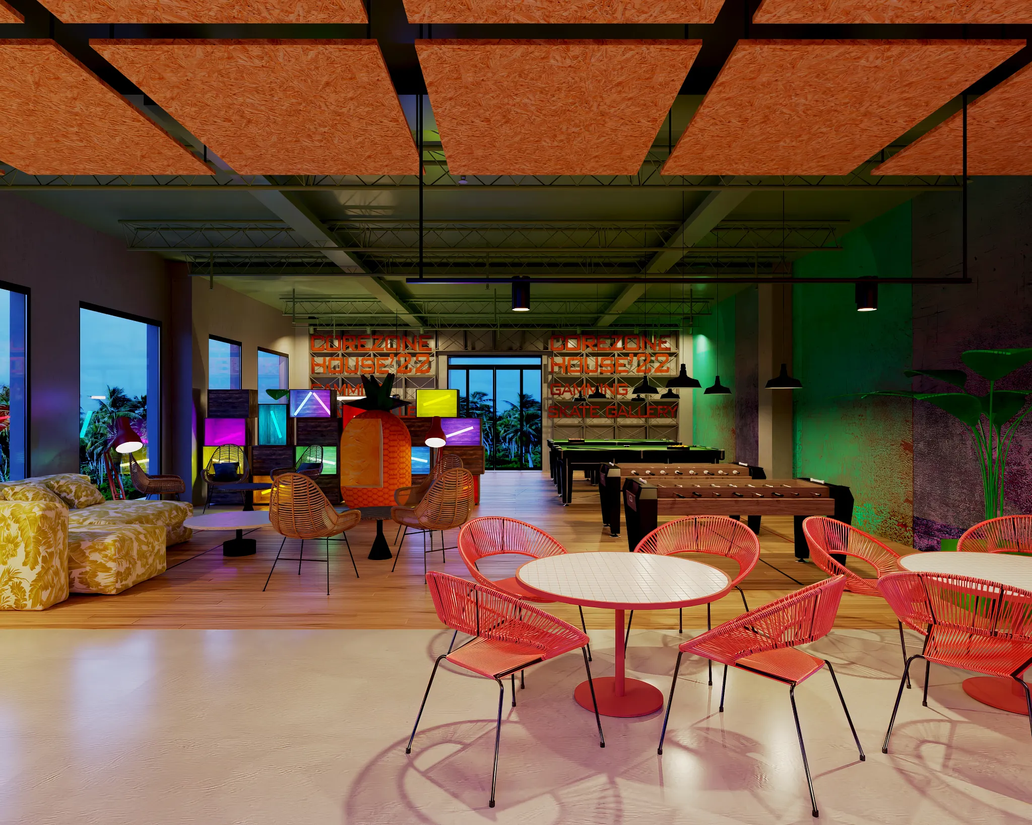 Modern gaming and entertainment area inside the Core Zone teen club at Dreams Playa Esmeralda Resort & Spa.