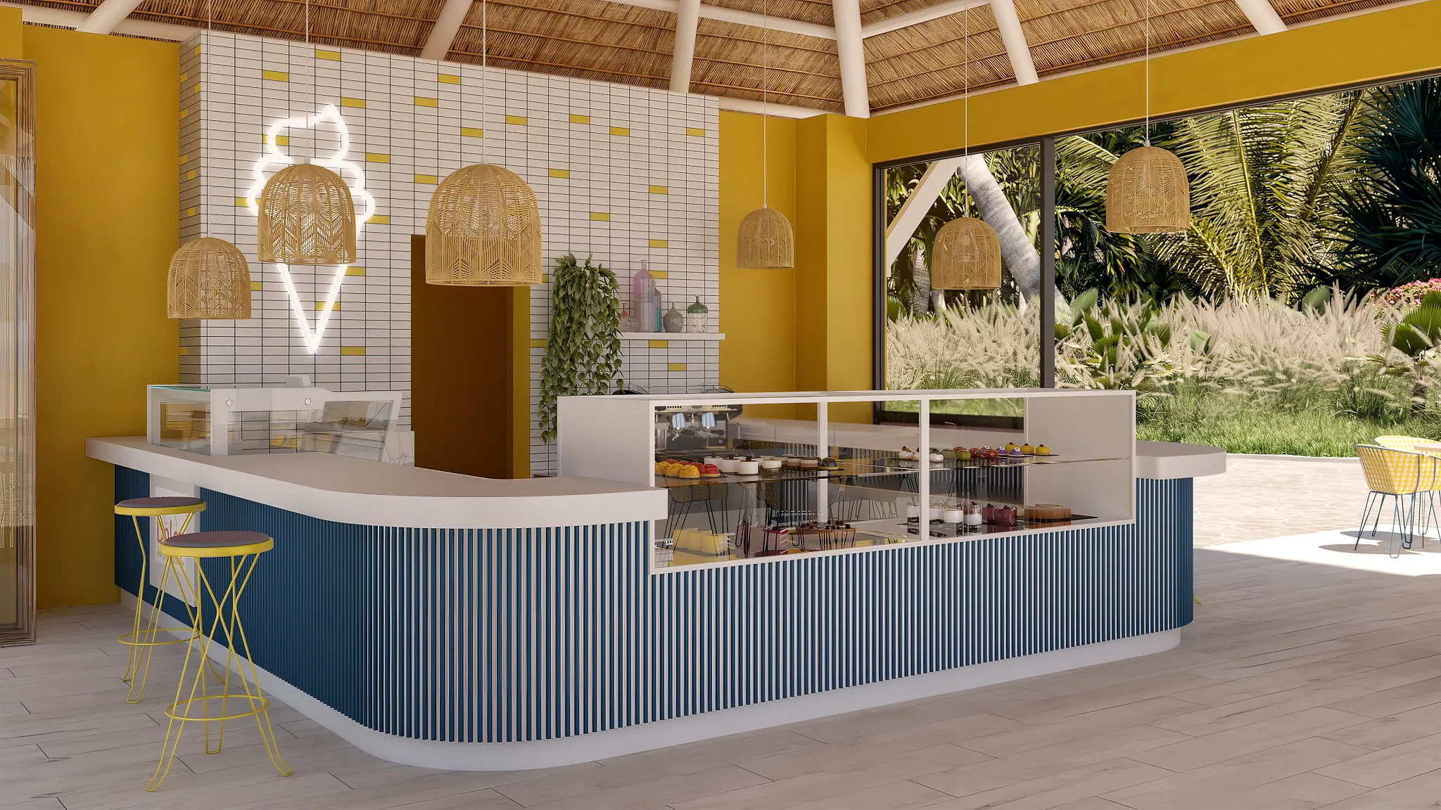 Dolce café at Dreams Playa Esmeralda Resort & Spa featuring artisan desserts, premium coffee, and a stylish modern café atmosphere.