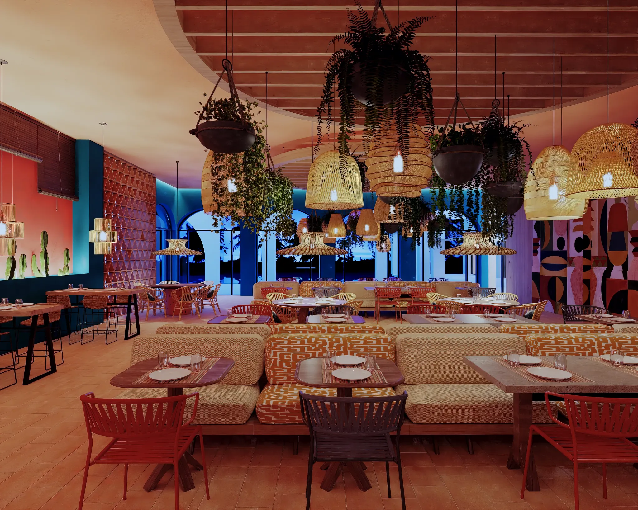 El Patio restaurant at Dreams Playa Esmeralda Resort & Spa featuring vibrant Mexican décor, authentic cuisine, and festive dining atmosphere.