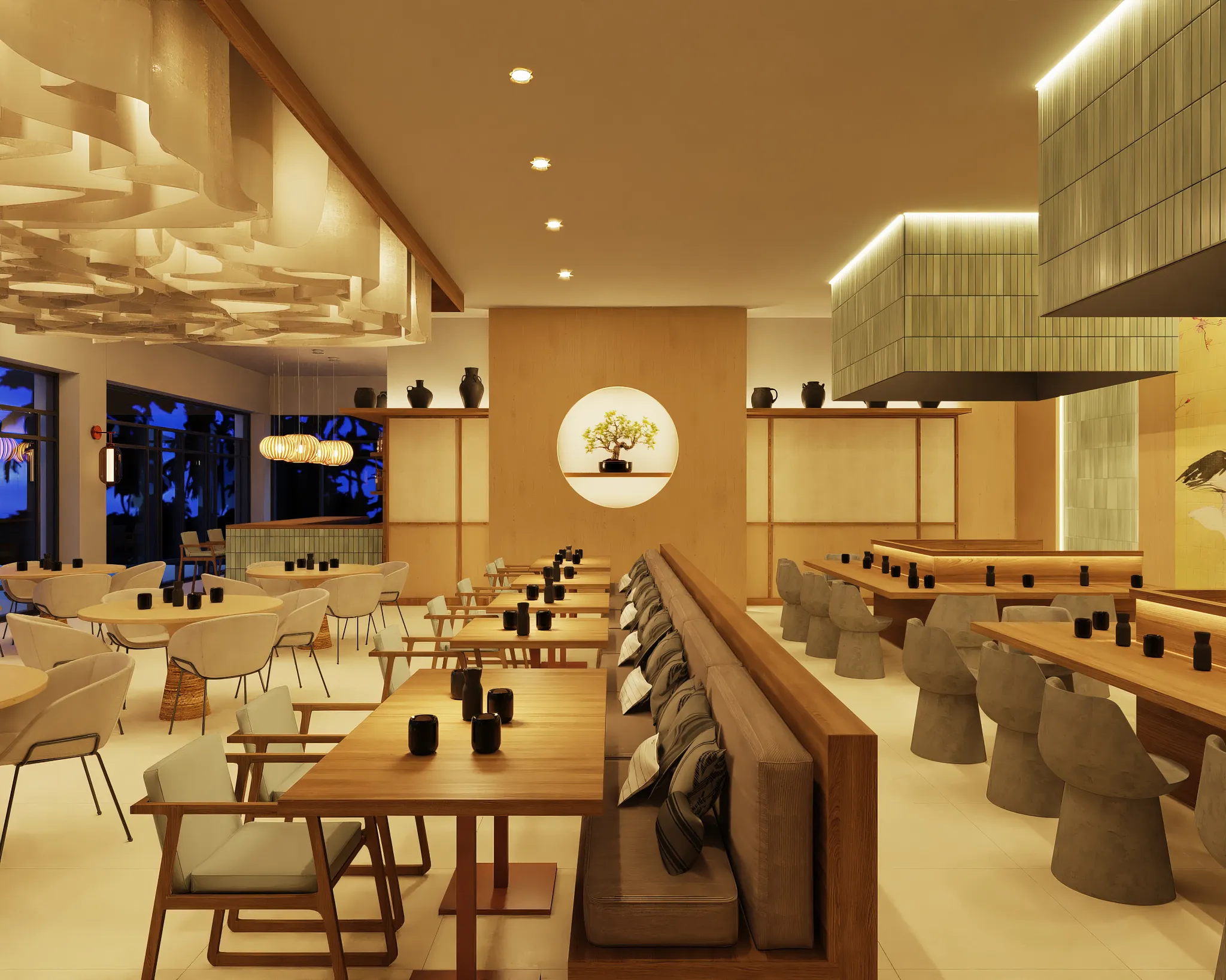 Himitsu restaurant at Dreams Playa Esmeralda Resort & Spa featuring elegant Asian-inspired décor, sushi bar, and Teppanyaki dining experience.