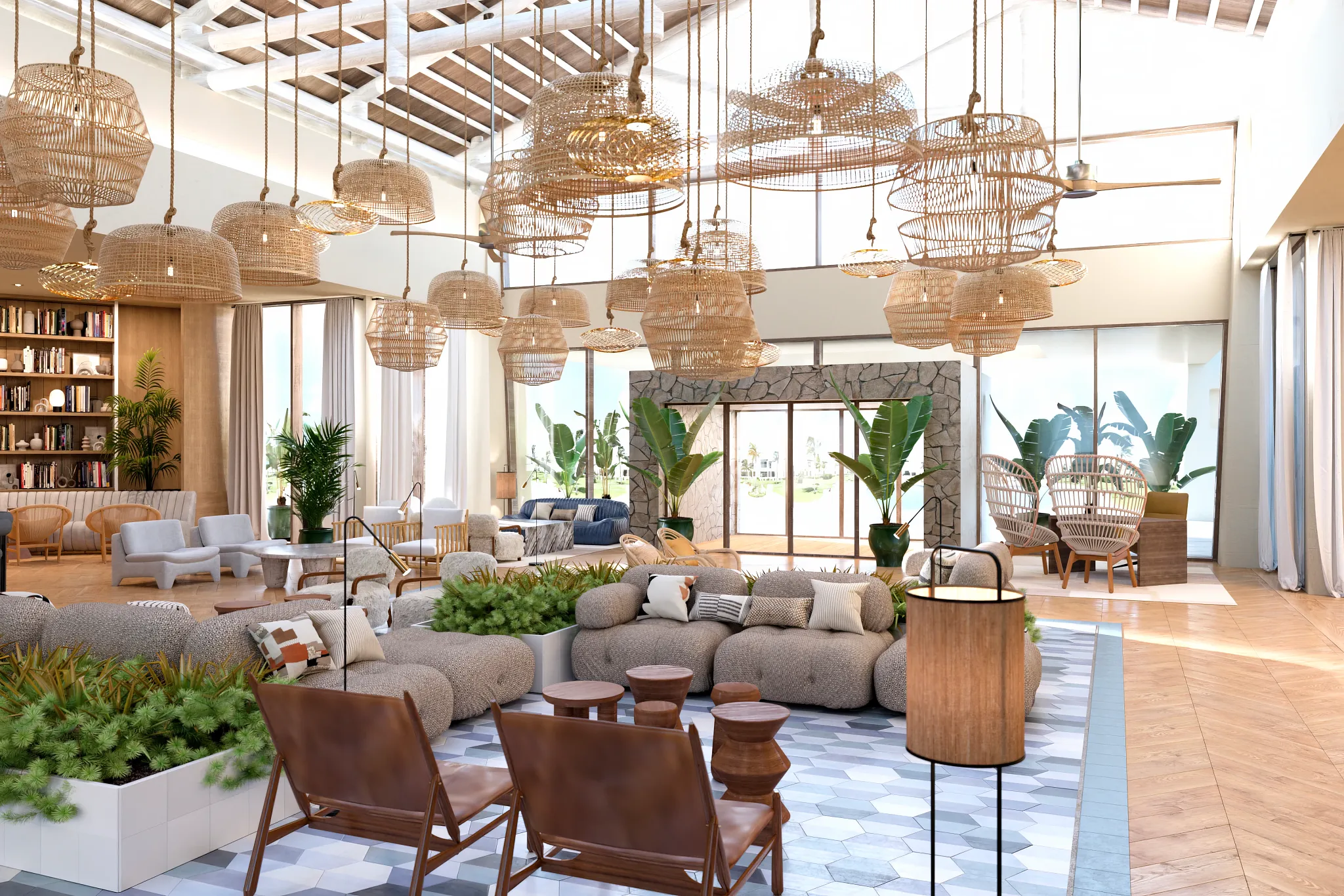 Modern lobby rendering with woven lighting and luxury seating at Dreams Playa Esmeralda Resort & Spa.