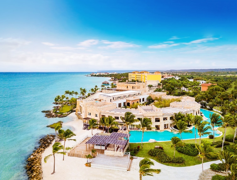Sanctuary Cap Cana adults-only luxury resort with beachfront pools and upscale colonial-style architecture in Cap Cana, Dominican Republic.