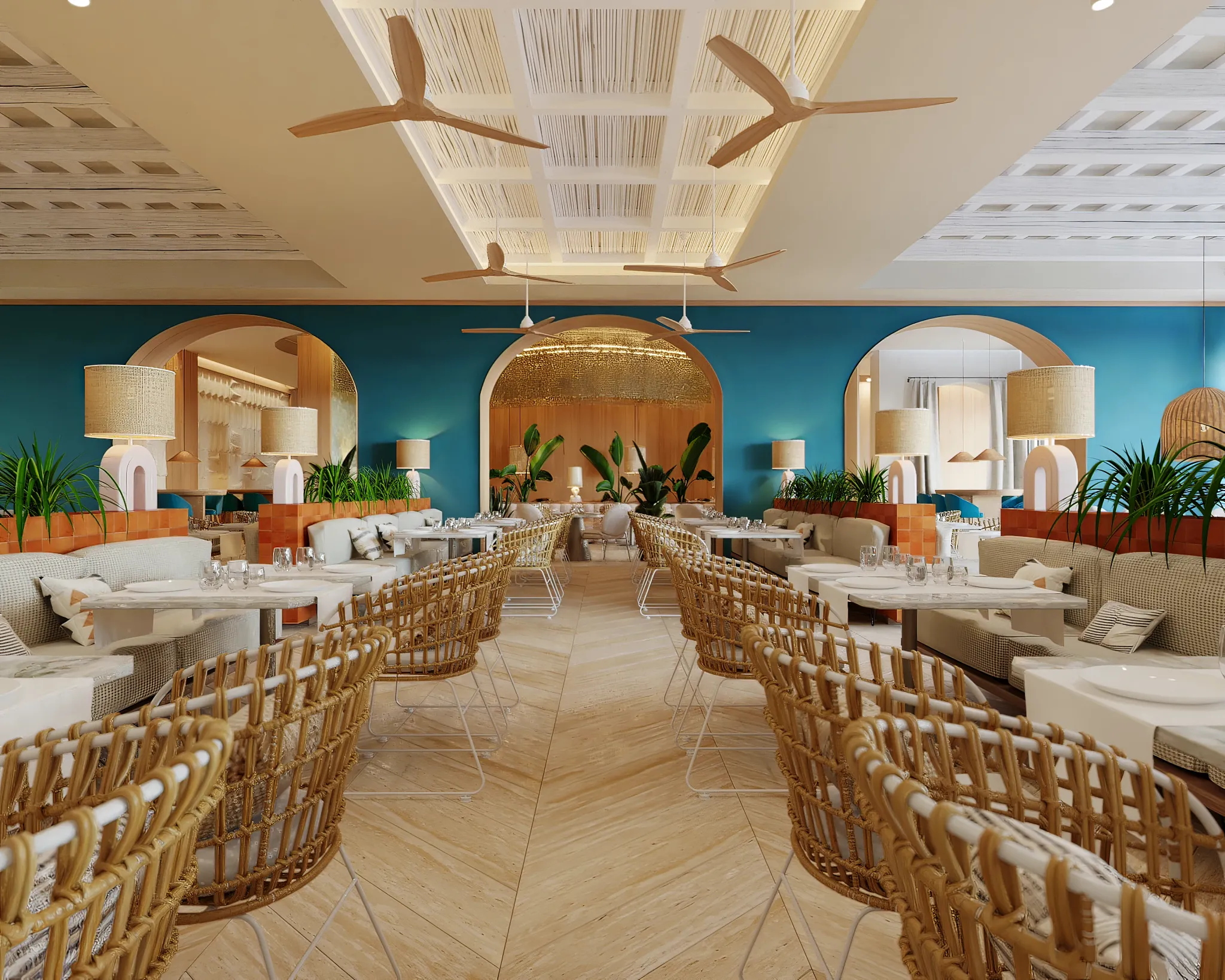 World Café at Dreams Playa Esmeralda Resort & Spa featuring international buffet stations, modern dining space, and vibrant culinary atmosphere.